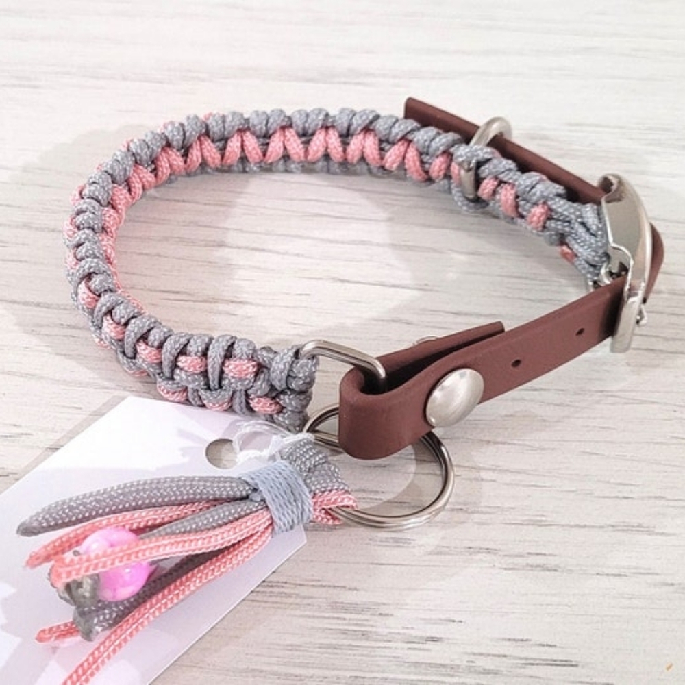 1/2" Rose Gold and Silver Paracord Dog Collar with Adjustable Adapter - X-Small